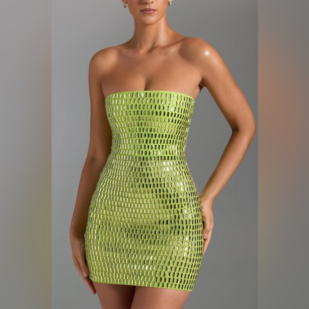 Oh Polly AURORA Embellished Bandeau Mini Dress in Pear Green